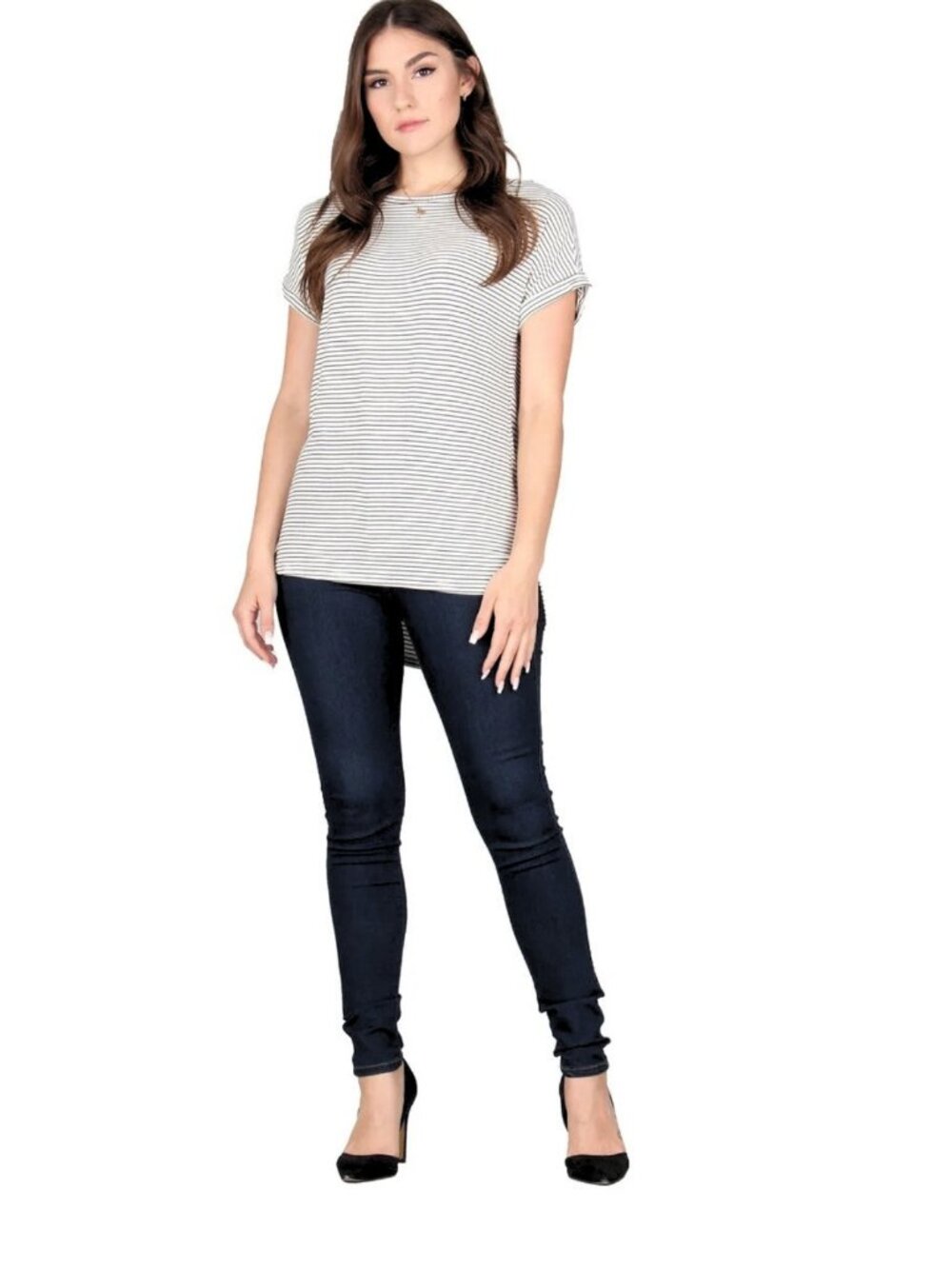 Black White Stripe High-Low Curved Hem Tunic S-M - Picture 8 of 9